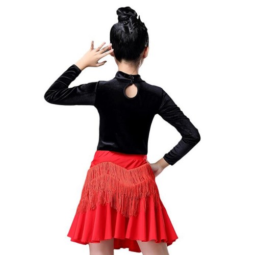 Girls latin dresses competition velvet long sleeves stage performance ballroom salsa rumba chacha dancing costumes
